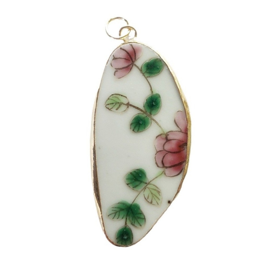Vintage Hand‎ Painted Floral Ceramic Porcelain Pendant Pink Green Pottery Shard